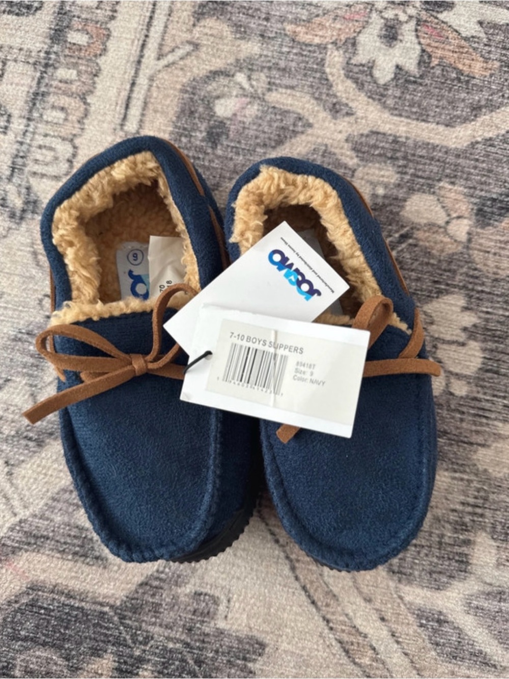 Josmo Navy Blue Boys Faux-Fur Lined Slipper-Style Moccasins with Tan Laces